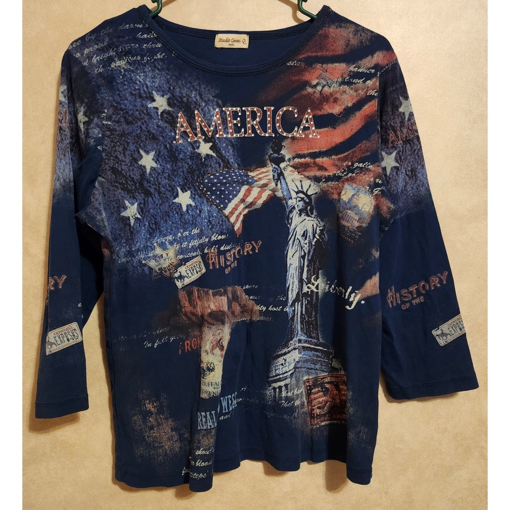 Studio Gem Q America Statue of Liberty Graphic Top Navy Blue Rhinestone XL